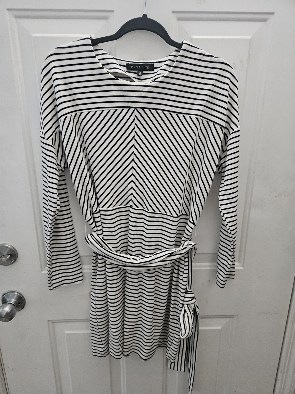Dynamite White and Black Striped Long Sleeve Belted Dress